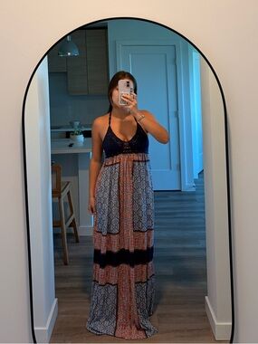 Long blue and striped crochet dress